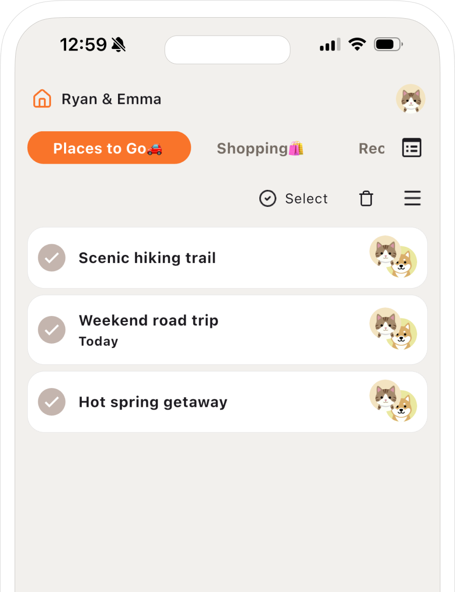 WeDo app screenshot — shared task list